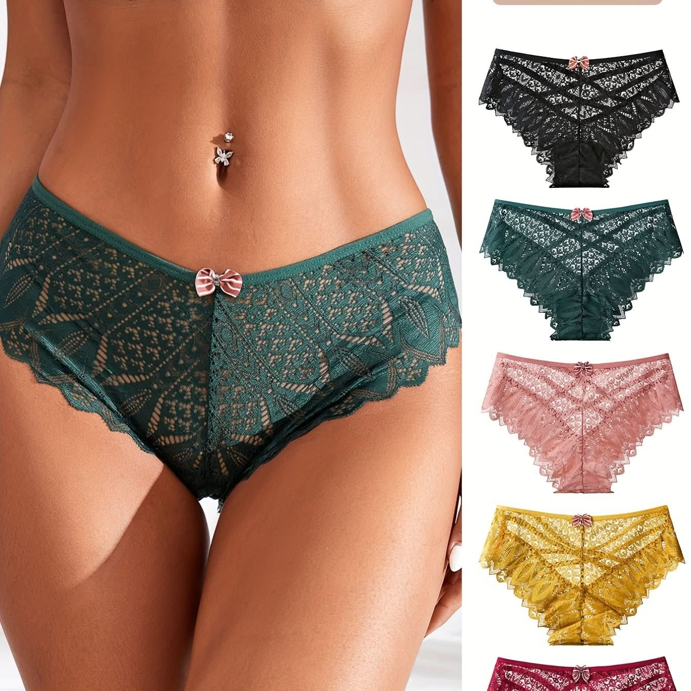 5pcs Floral Lace Bow Tie Panties, Criss Cross Hollow Out Scallop Trim Panties, Women's Lingerie & Underwear - LustMia