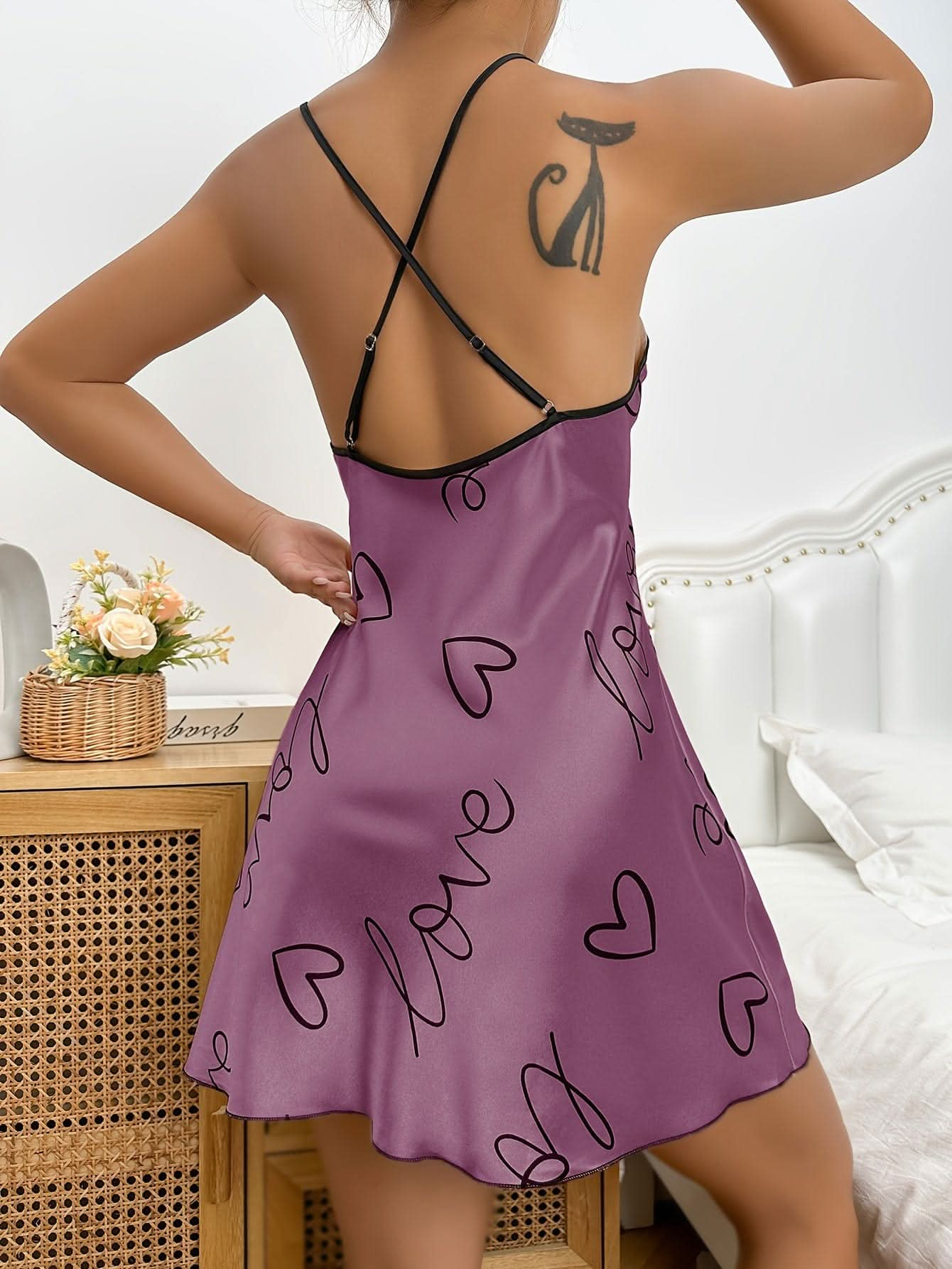 Heart & Love Print Nightdress, Alluring Backless Cross Spaghetti Strap Sleep Dress, Women's Sleepwear & Dresses - LustMia