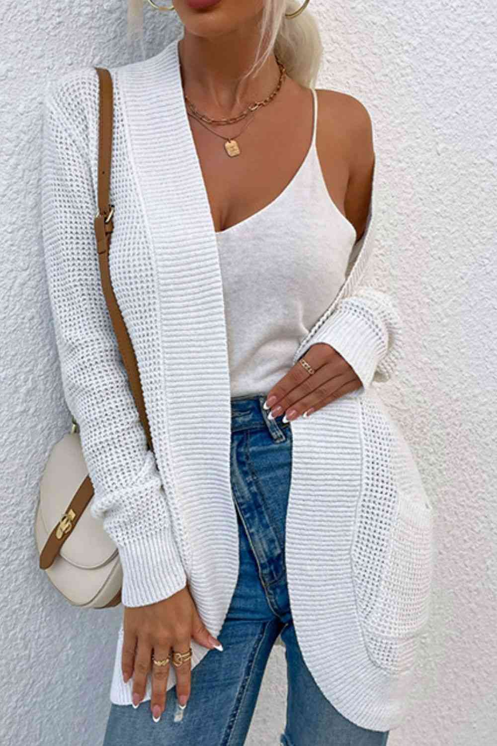 Open Front Rib - Knit Cardigan with Pockets - LustMia