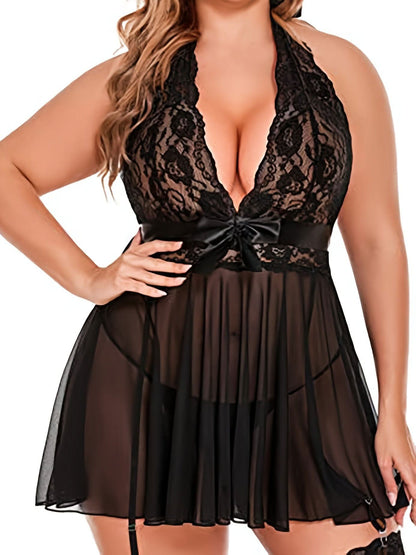 Plus Size Sexy Lingerie Dress, Women's Plus Floral Lace Bow Detail Deep V Neck Halter Babydoll Lingerie - LustMia