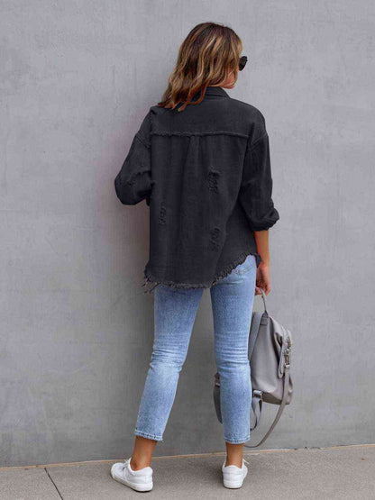 Distressed Drop Shoulder Denim Jacket - LustMia