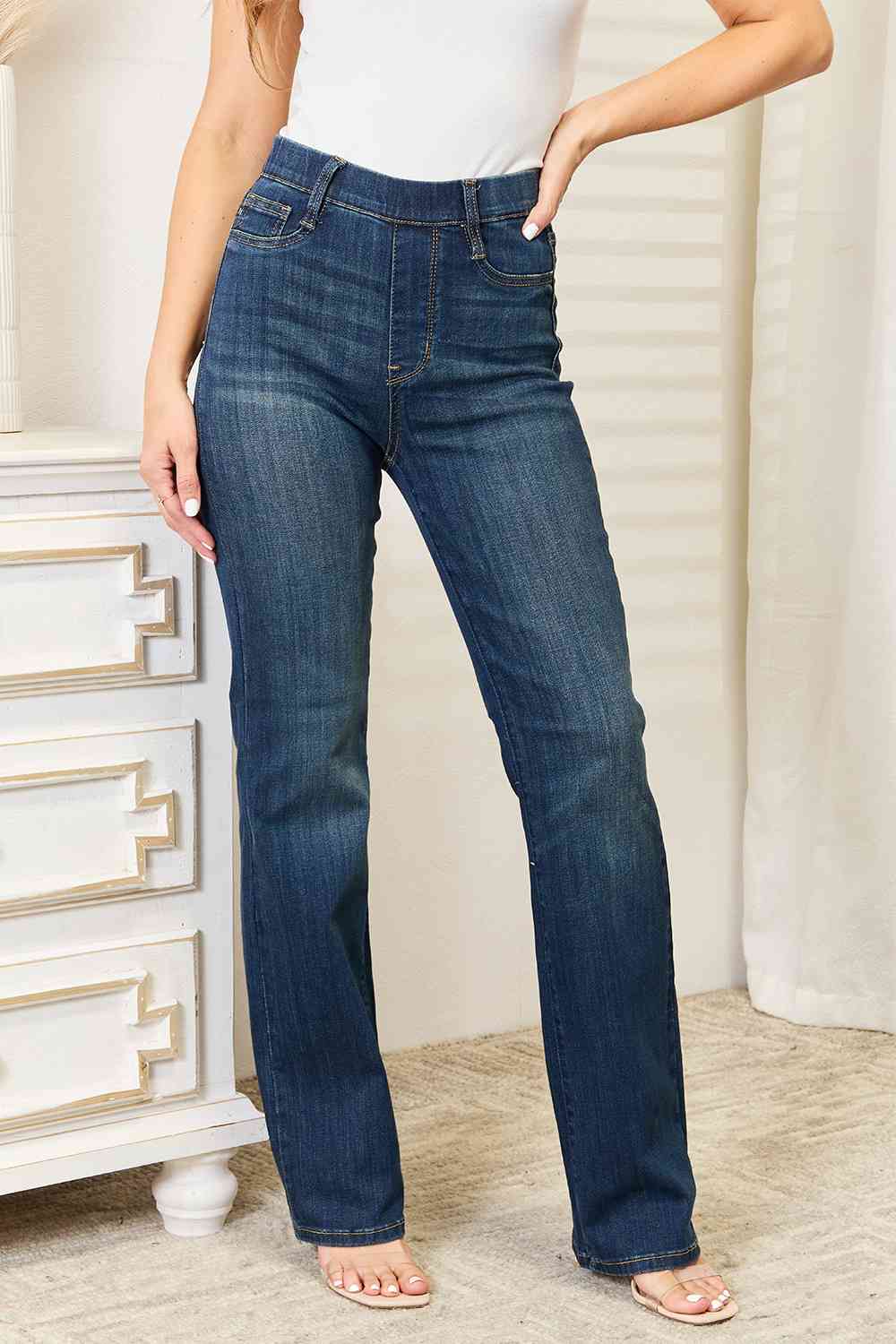 Judy Blue Full Size Elastic Waistband Slim Bootcut Jeans - LustMia