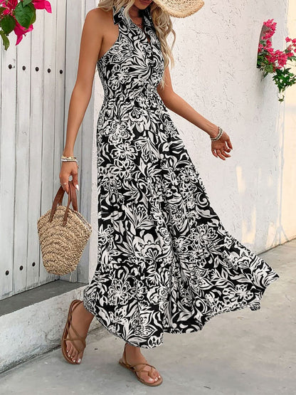 Backless Smocked Printed Sleeveless Midi Dress - LustMia