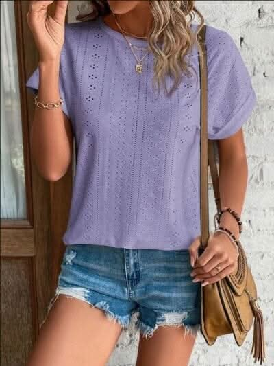 Eyelet Round Neck Short Sleeve T-Shirt - LustMia