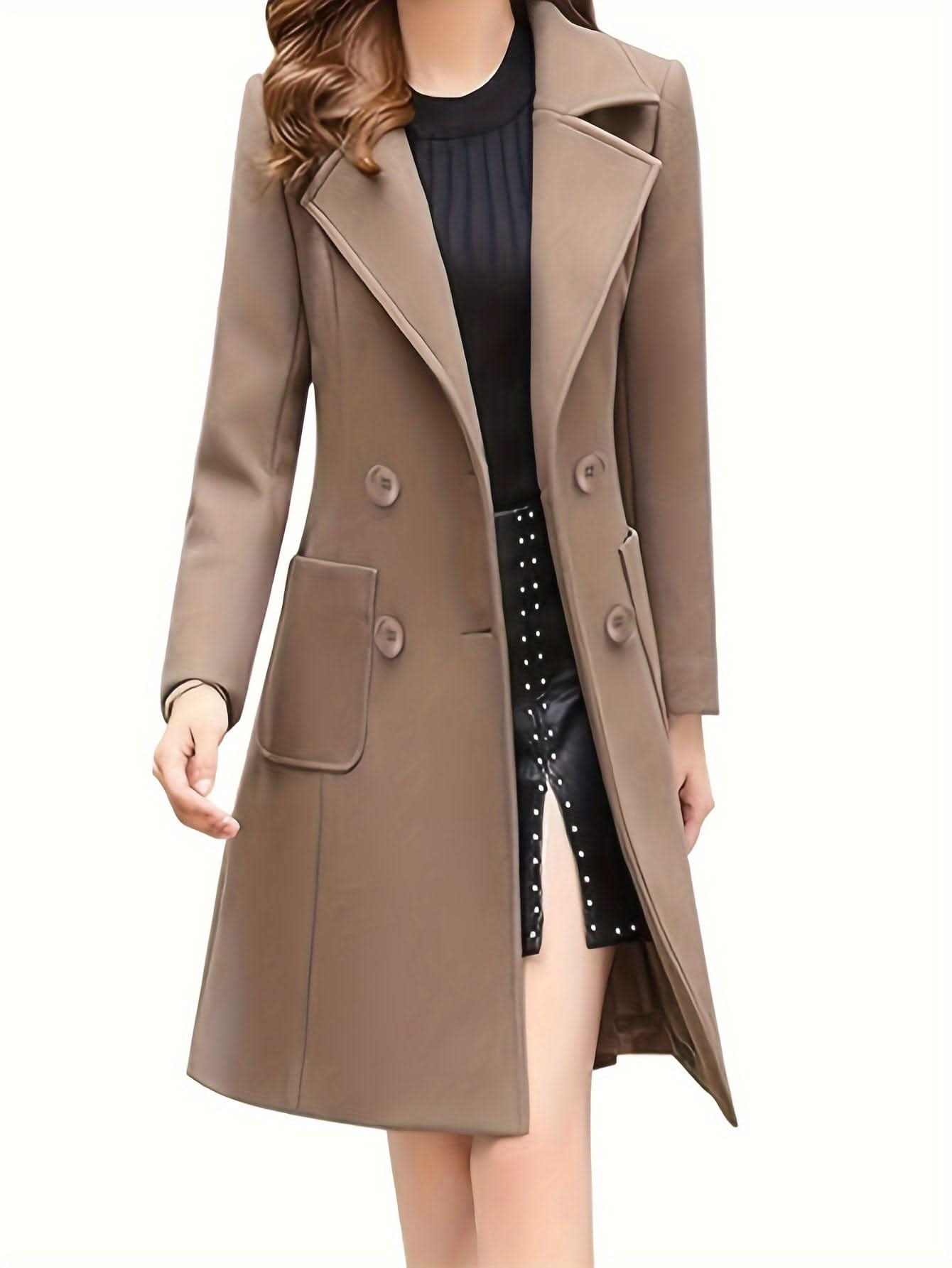 Women Winter Mid - Long Coat Notch Double - Breasted Lapel Jacket Outwear - LustMia