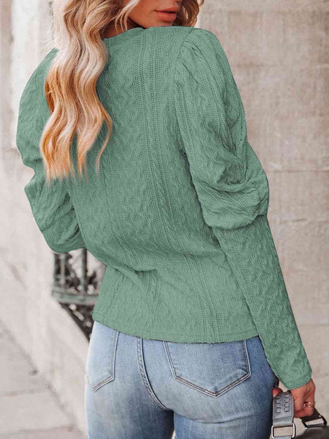 Round Neck Puff Sleeve Knit Top - LustMia