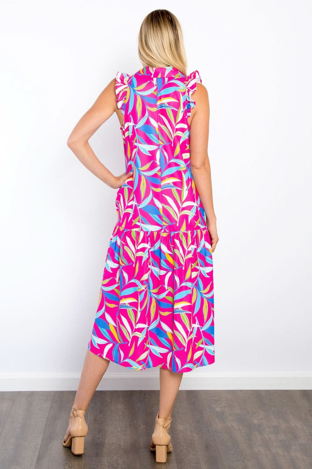 Be Stage Print Ruffled Midi Dress with Pockets - LustMia