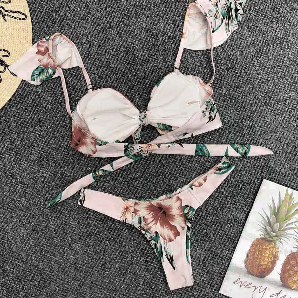 #Z2 2020 Sexy Women High Waist Bikini Swimsuit Swimwear Floral Bandage Bikini Set Thong Brazilian Biquini Bikini Set Bather - LustMia