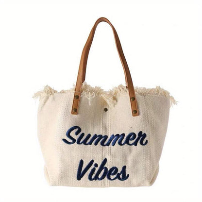 Bohemian Chic Embroidered Tote Bag - Stylish Letter Detail, Fringe Trim, Durable Canvas, Adjustable Shoulder Strap, Perfect for Womens Summer Beach Wear - LustMia