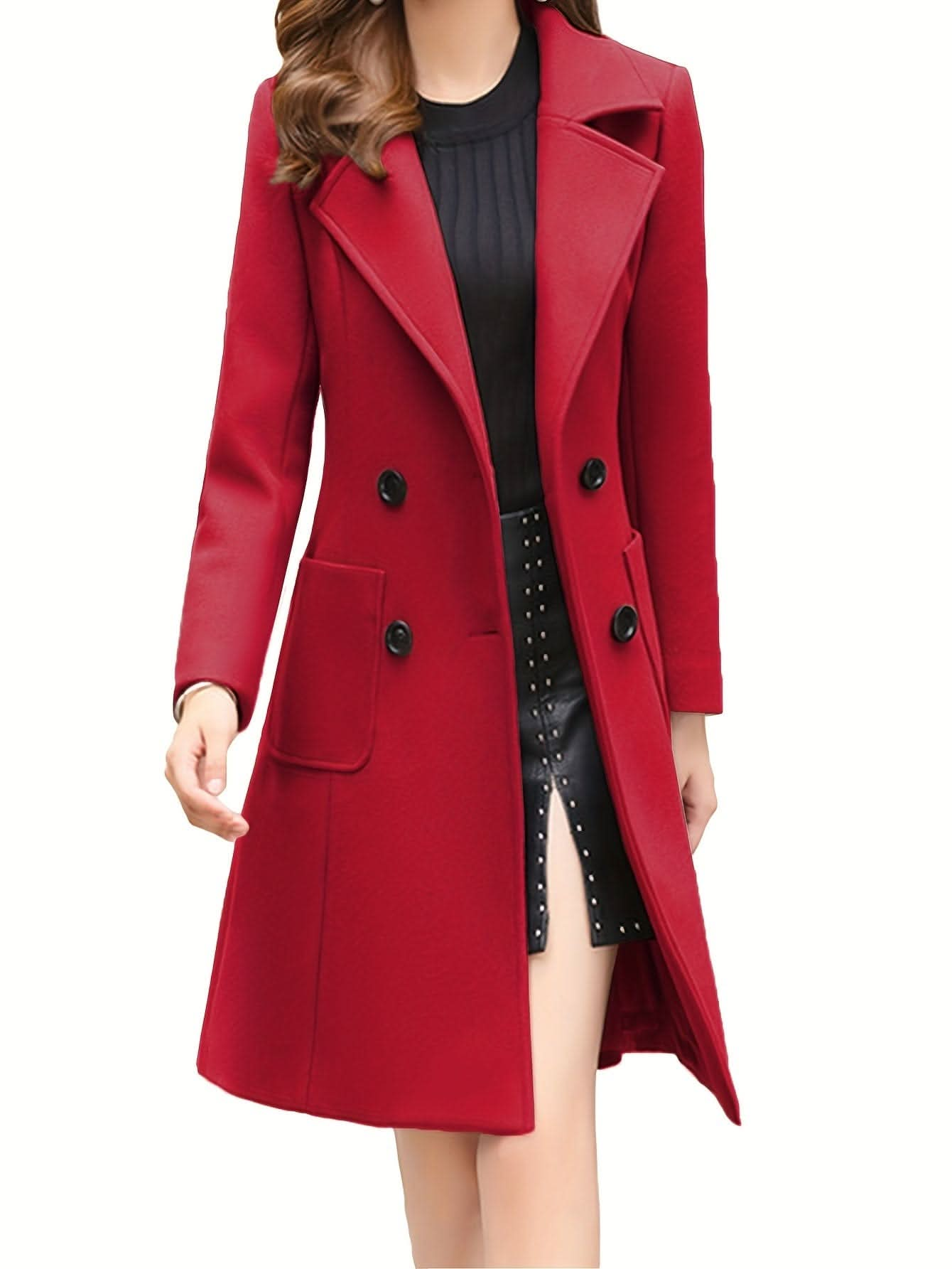 Women Winter Mid - Long Coat Notch Double - Breasted Lapel Jacket Outwear - LustMia