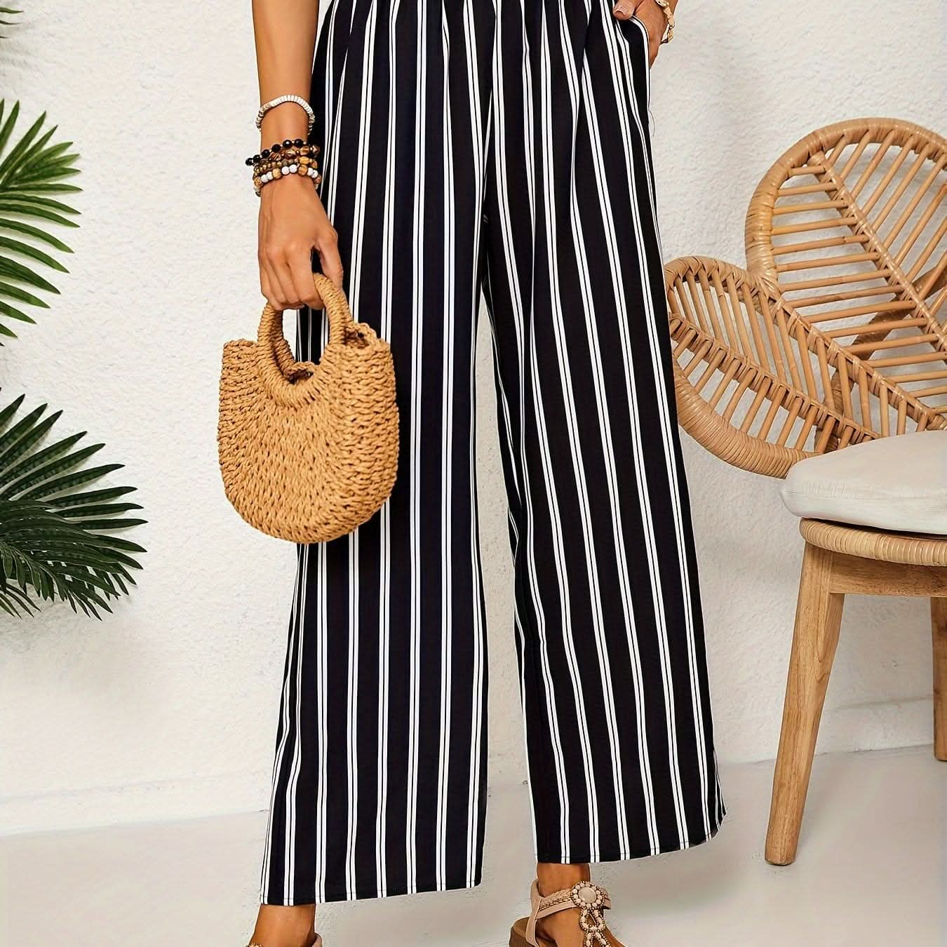 Elegant Striped WideLeg Pants Paper Bag Waist - LustMia