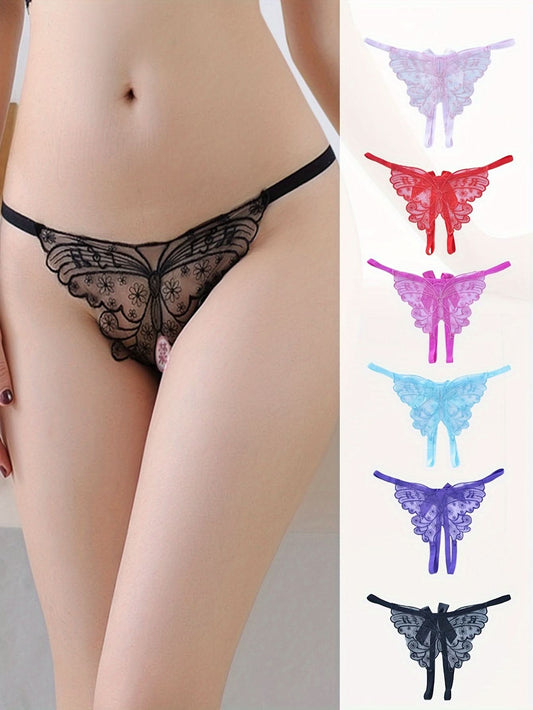 6pcs Floral Embroidery Butterfly Pattern Thongs, Open Crotch Intimates Panties, Women's Sexy Lingerie & Underwear - LustMia