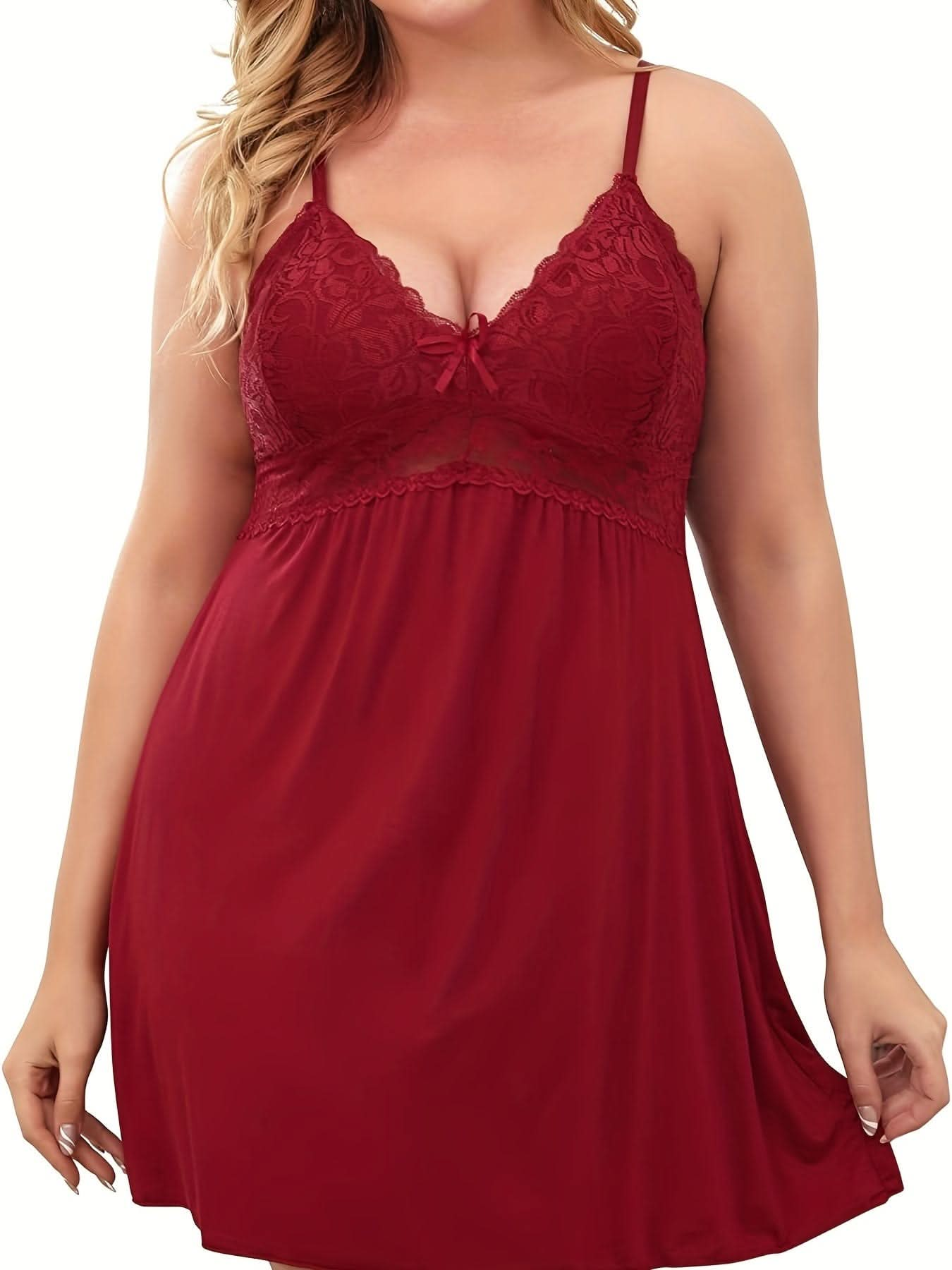 Sexy Lingerie Dress, Women's Plus Solid Contrast Lace Stretchy Comfort Lingerie Nightdress Plus Size - LustMia