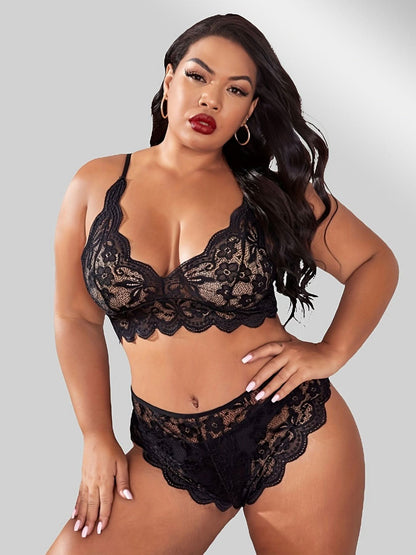 Plus Size Sexy Lingerie Set, Women's Plus Contrast Lace Trim Semi Sheer Bra & Underwear Lingerie Two Piece Set - LustMia