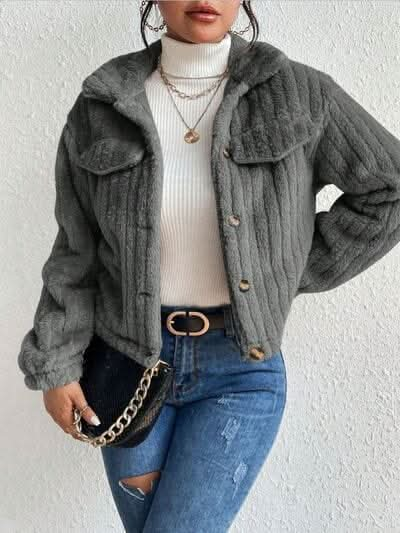 Fuzzy Button Up Collared Neck Jacket - LustMia