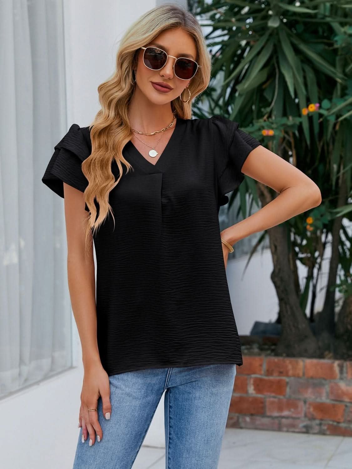 V - Neck Flounce Sleeve Blouse - LustMia