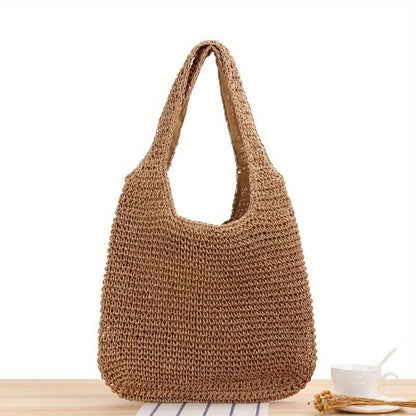 Bohemian Woven Straw Bag, Retro Summer Beach Bag, Simple Large Capacity Tote Bag For Travel Vacation - LustMia