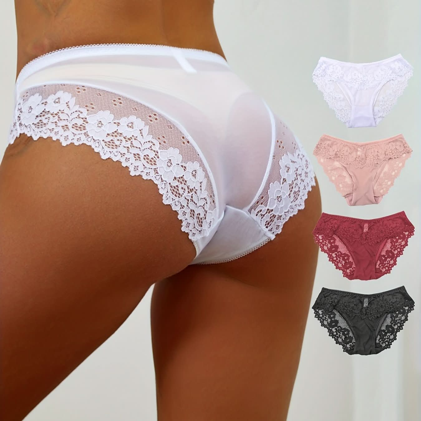 4pcs Contrast Lace Mesh Briefs, Comfy & Breathable Sheer Intimates Panties, Women's Lingerie & Underwear - LustMia