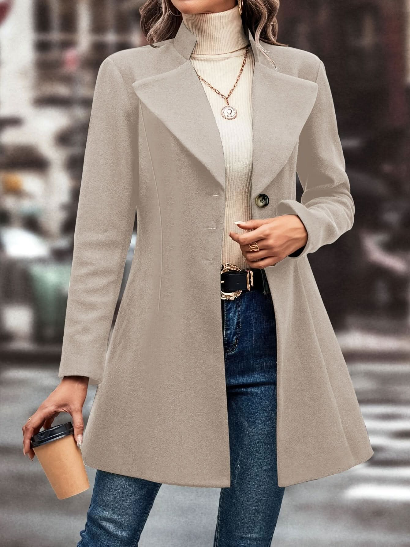 Elegant Womens Single Button Lapel Knit Overcoat - LustMia