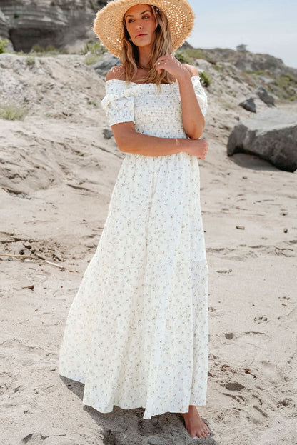 White Tiered Floral Maxi Dress - LustMia