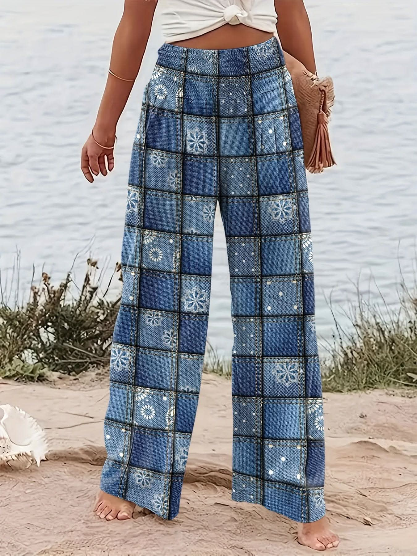 Chic Patchwork Wide Leg Pants Flowy Vacation Style - LustMia