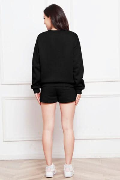 Round Neck Long Sleeve Sweatshirt and Drawstring Shorts Set - LustMia