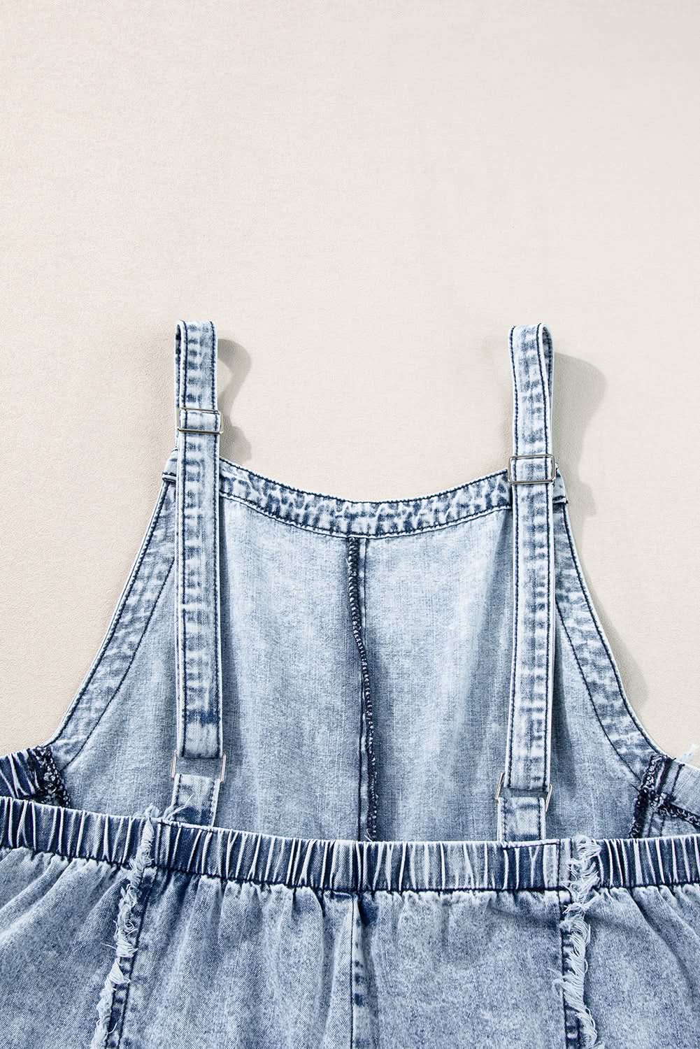 Beau Blue Light Wash Frayed Exposed Seam Wide Leg Denim Overall - LustMia