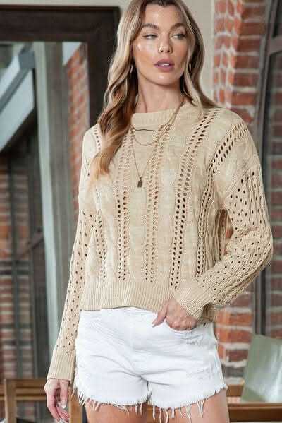 Full Size Openwork Cable - Knit Round Neck Knit Top - LustMia