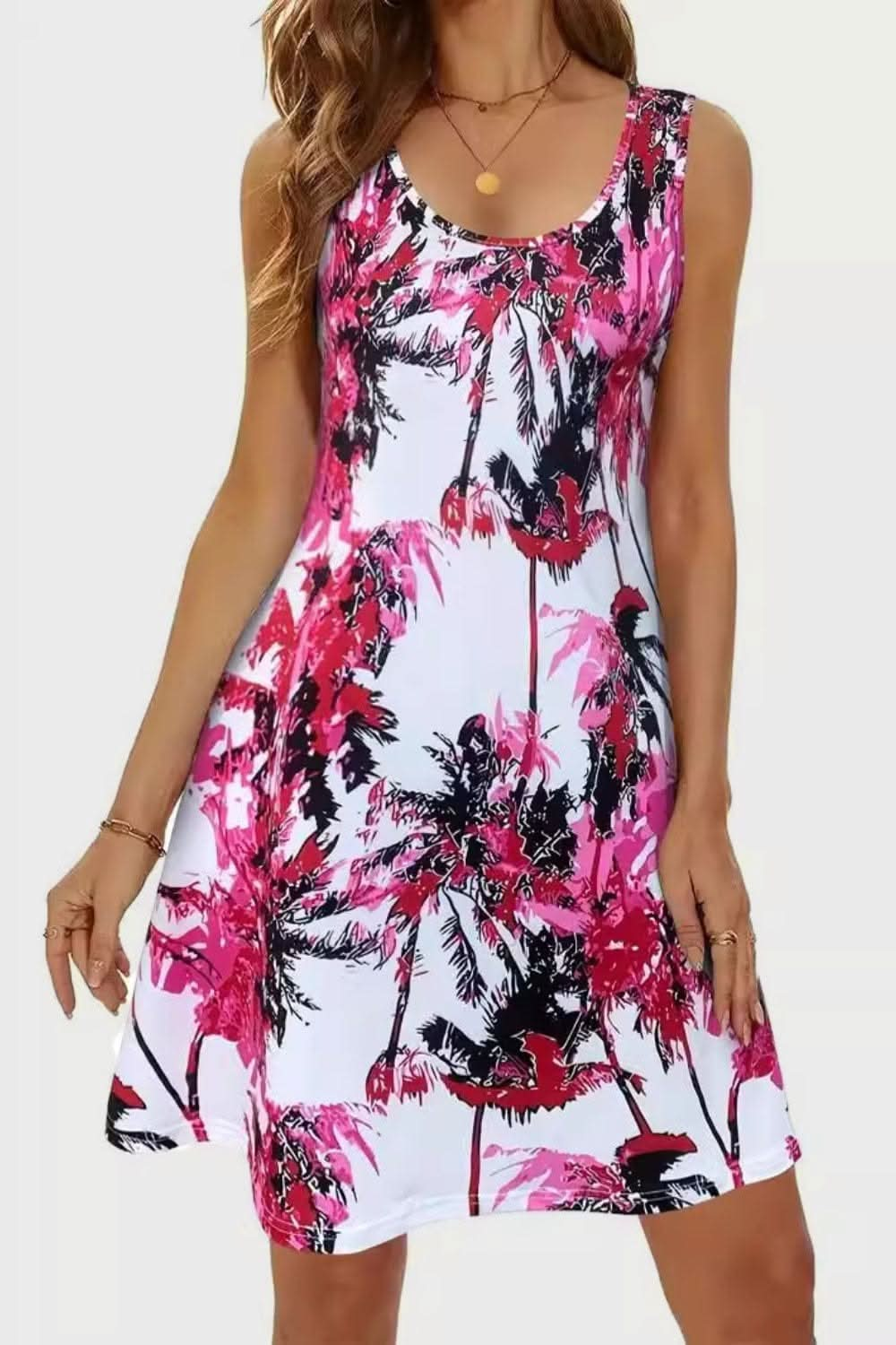 Printed Scoop Neck Wide Strap Mini Dress - LustMia