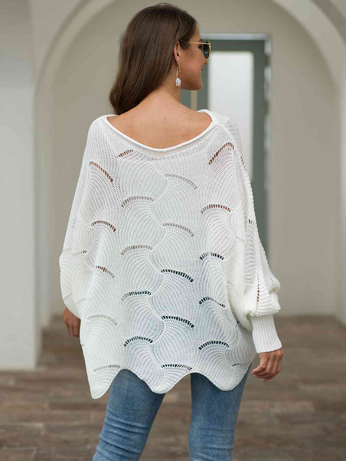 Full Size Boat Neck Lantern Sleeve Openwork Knit Top - LustMia