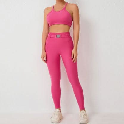 Imitation denim pocket tight adjustable waist with belt sports two - piece set 5colors - LustMia