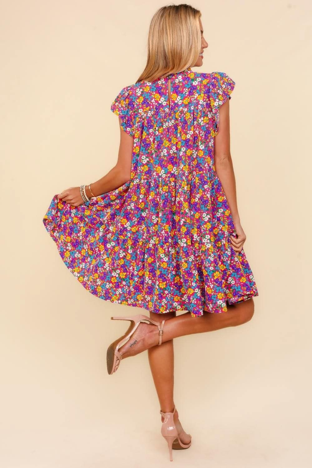 Haptics Frilled Mock Neck Ditsy Floral Dress - LustMia