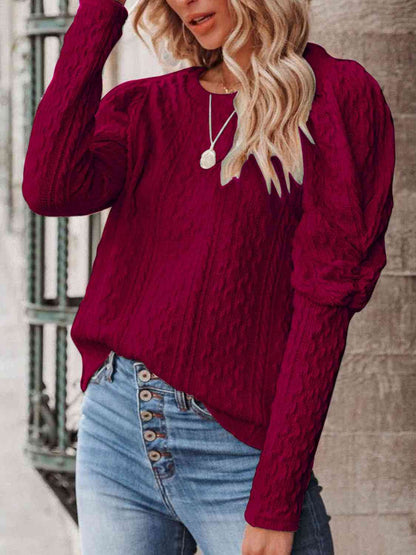 Round Neck Puff Sleeve Knit Top - LustMia