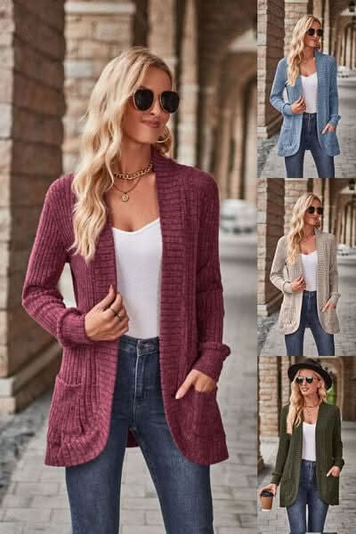 Open Front Cardigan with Pockets - LustMia