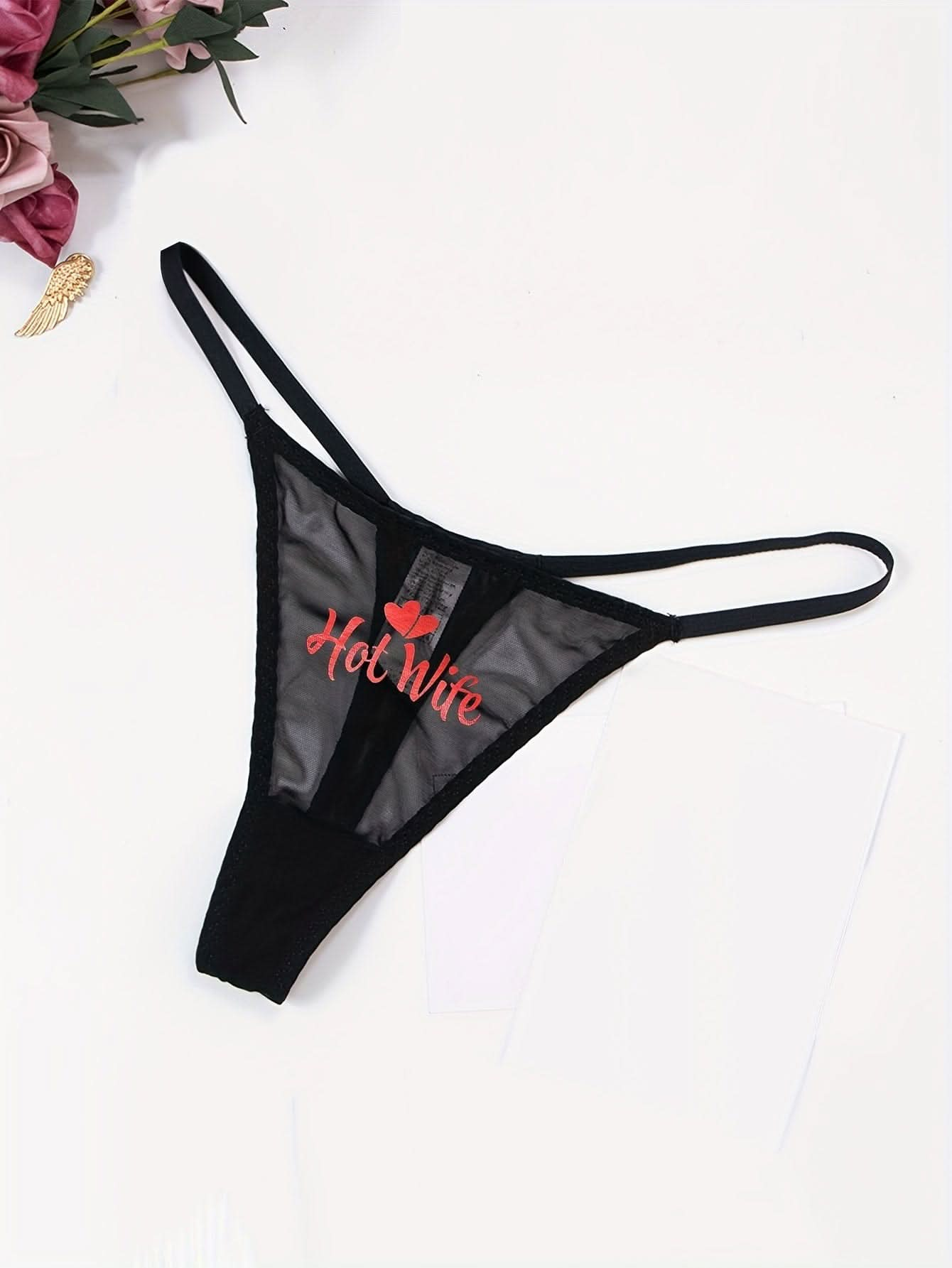 Letter Print Mesh Thongs, Breathable & Comfy Semi - sheer Intimates Panties, Women's Lingerie & Underwear - LustMia