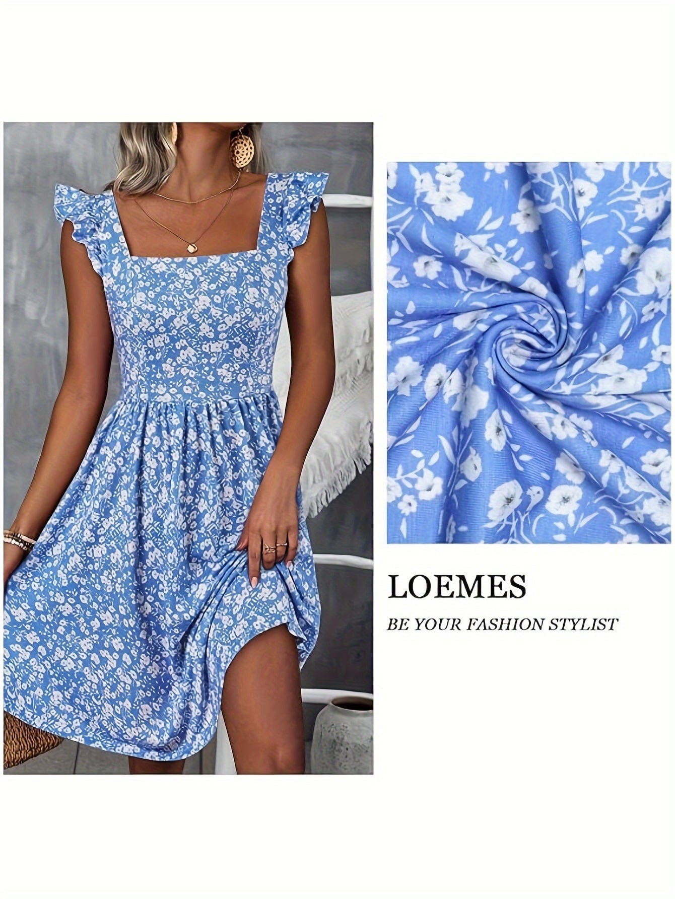 Floral Square Neck Dress with Ruffle Hem Pockets - LustMia