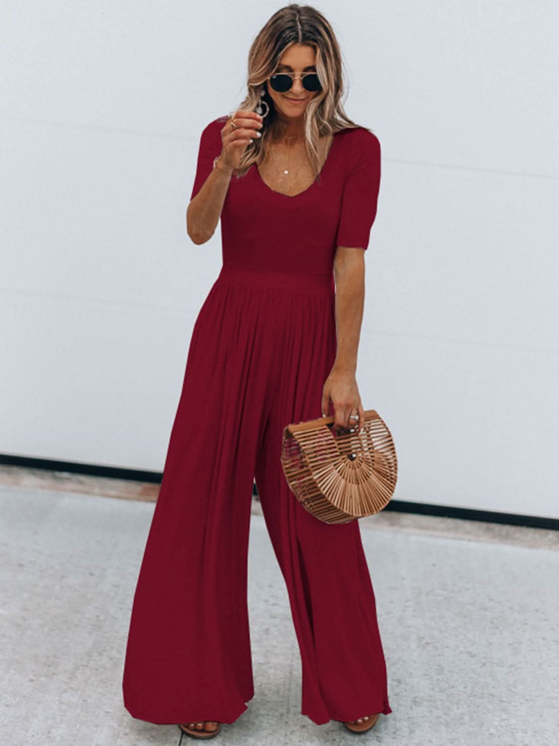 Scoop Neck Short Sleeve Jumpsuit - LustMia