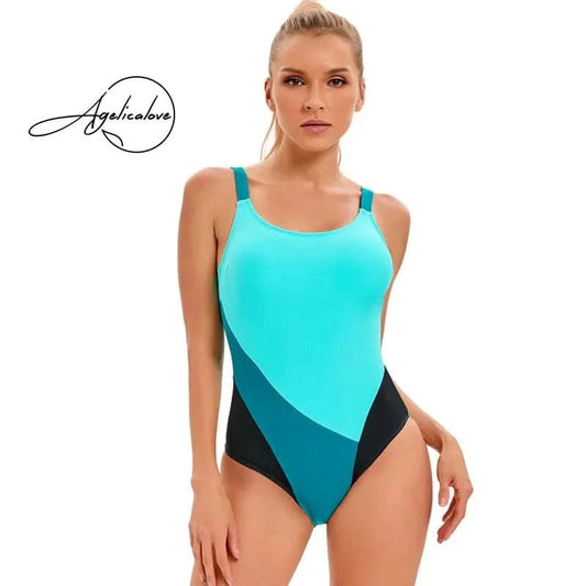 AGELICALOVE Patchwork Sport One Pieces Swimsuit Women Tummy Control Monokini Brazilians Bathing Suits Pool Beach Wear Swimwear - LustMia