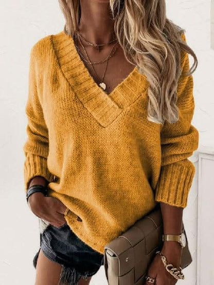 V - Neck Long Sleeve Knit Top - LustMia