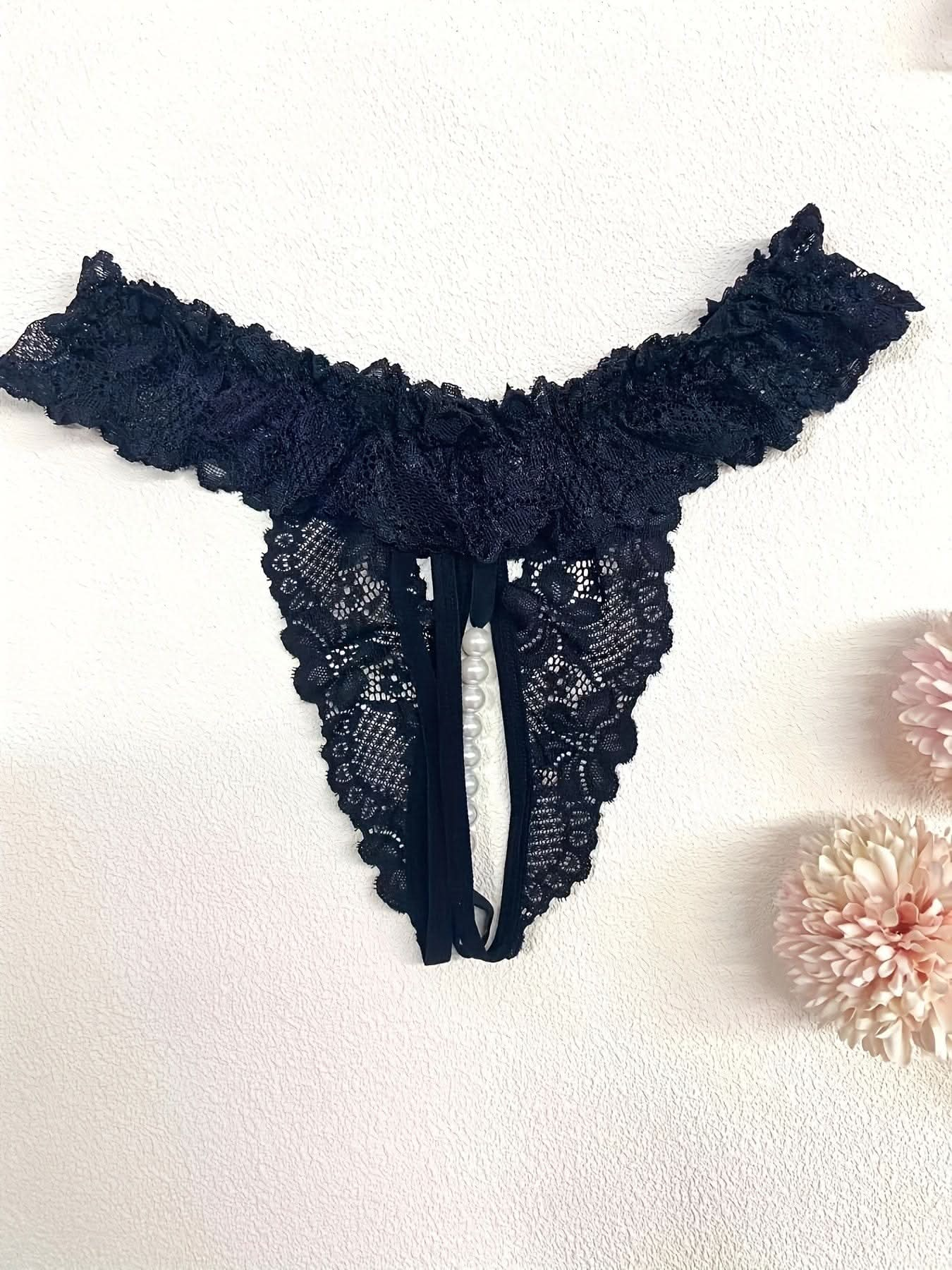 Hot Floral Lace Thongs, Hollow Out Open Crotch Bow Mesh Panties, Women's Sexy Lingerie & Underwear - LustMia