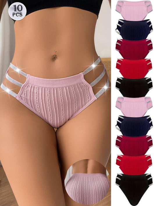 10 Pcs Women's Hollow Out Shiny Waistband Underwears, Assorted Colors Low - waistline - LustMia