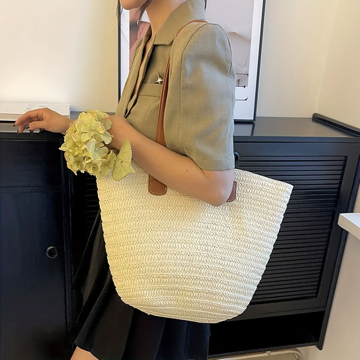 Chic Woven Straw Tote - Spacious Summer Beach Bag, Versatile Casual Handbag - Perfect for Womens Travel & Leisure - LustMia