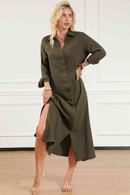 Texture Collared Neck Button Up Slit Shirt Dress - LustMia