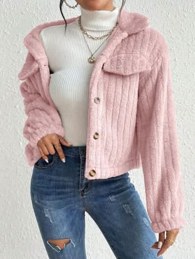 Fuzzy Button Up Collared Neck Jacket - LustMia