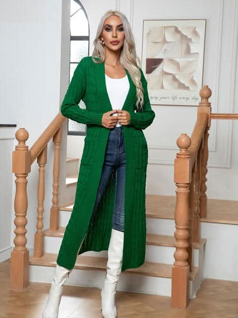 Cable - Knit Open Front Cardigan with Pockets - LustMia