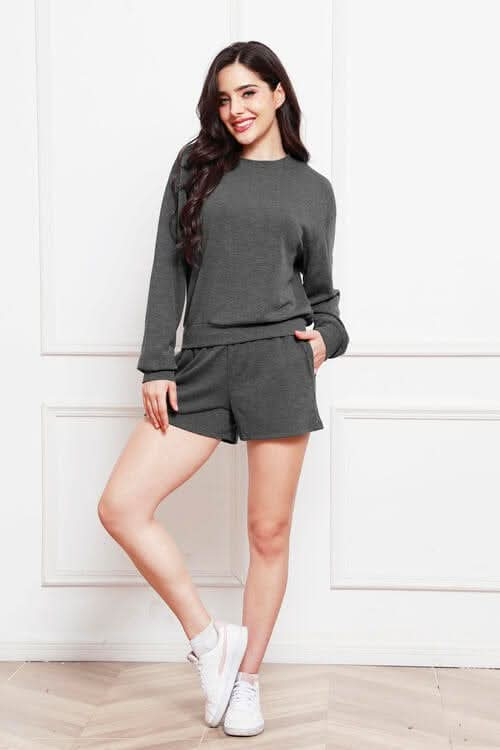 Round Neck Long Sleeve Top and Shorts Set - LustMia