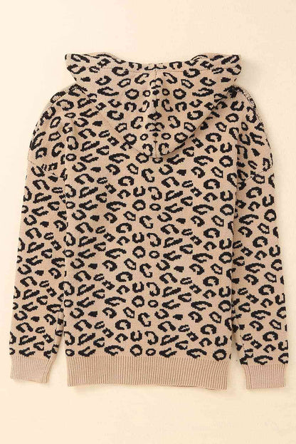 Woven Right Leopard Print Drawstring Hooded Sweater - LustMia