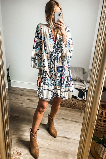 White Printed Tribal Bracelet Sleeve Buttoned Mini Dress - LustMia