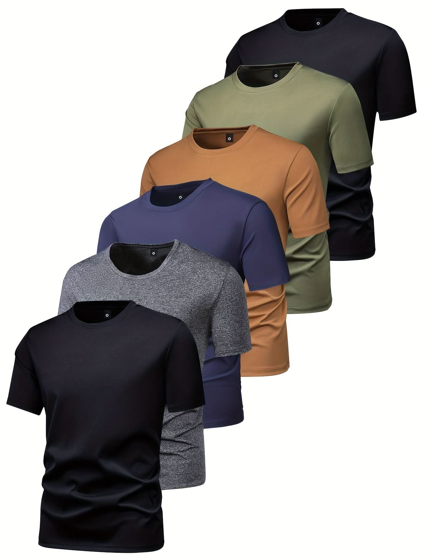 Men's 6pcs Fashion Sports T-shirt, Casual Stretch Round Neck Tee Shirt For Summer - LustMia