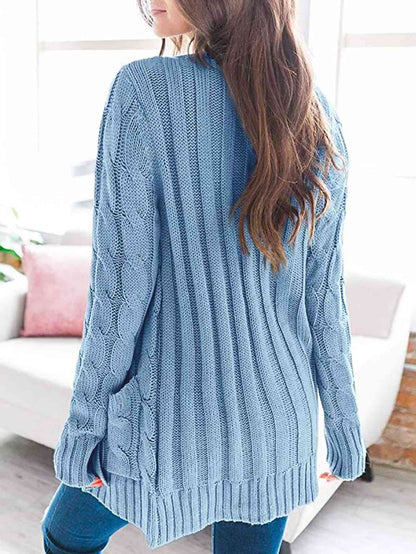 Cable - Knit Buttoned Cardigan with Pockets - LustMia